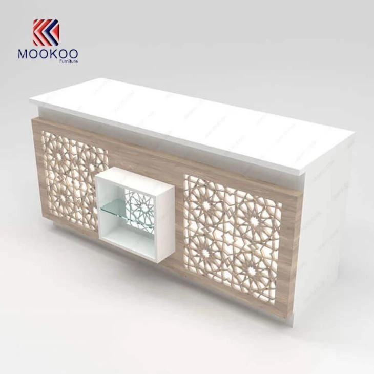 Customized Wooden Pharmacy Shop Wholesale Checkout Counter With Display Shelves